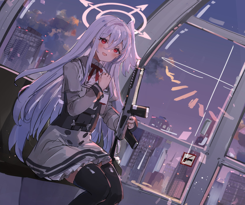 1girl assault_rifle black_thighhighs blue_archive building city cloud commentary_request gun hair_between_eyes halo head_wings highres holding holding_gun holding_weapon long_hair long_sleeves morning neck_ribbon open_mouth pink_halo red_eyes red_ribbon ribbon rifle sig_mcx single_head_wing sitting sky smile solo suzumi_(blue_archive) the_olphy thighhighs weapon white_hair window wings