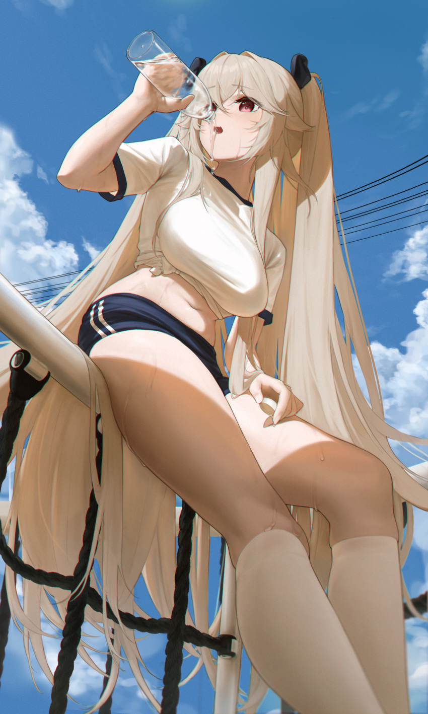 1girl absurdres alternate_costume anchorage_(azur_lane) azur_lane blonde_hair blue_shorts blue_sky bottle breasts capsule cloud commentary day drinking feet_out_of_frame from_behind gym_uniform hair_intakes hand_on_own_thigh highres holding holding_bottle kneehighs l_ract large_breasts long_hair looking_ahead midriff navel on_railing outdoors parted_lips railing red_eyes shirt shirt_rolled_up shorts sitting sky socks solo sweat t-shirt twintails water water_drop white_shirt white_socks