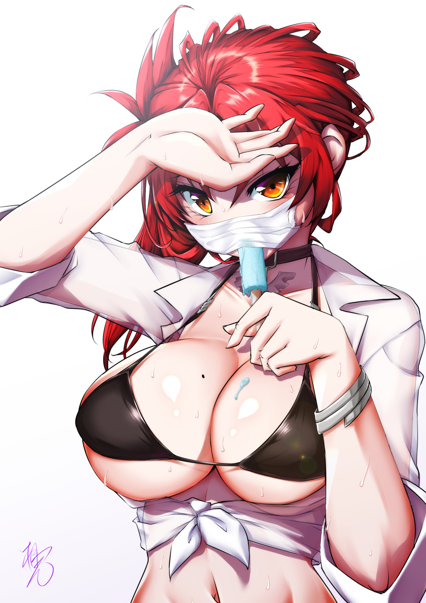 1girl absurdres bikini black_bikini black_choker bracelet breasts choker cleavage food food_in_mouth highres holding holding_food honkai_(series) honkai_impact_3rd jewelry kirimoto_takamitsu large_breasts looking_at_viewer mask mole mole_on_breast mole_on_thigh murata_himeko navel orange_eyes popsicle red_hair shirt signature simple_background solo stomach swimsuit upper_body white_background white_shirt