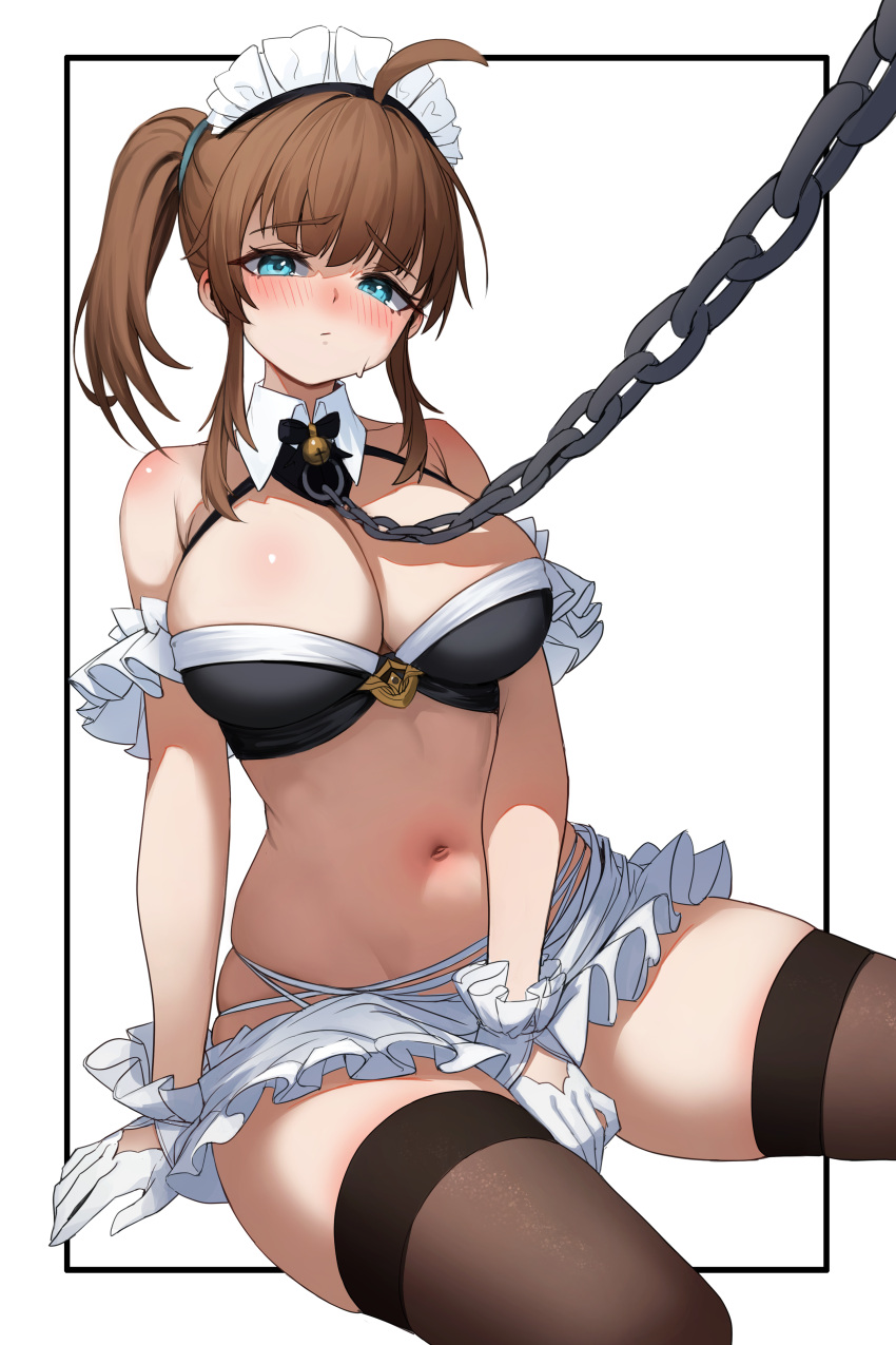 1girl absurdres ahoge arm_garter artist_request bare_shoulders black_bra blue_eyes blush bra breasts brown_hair brown_thighhighs chain cleavage commentary_request commission frilled_skirt frills frown gloves halterneck highres korean_commentary large_breasts lekisia long_hair looking_at_viewer maid_headdress microskirt midriff multi-strapped_panties navel nose_blush original panties second-party_source side_ponytail sidelocks sitting skindentation skirt solo spaghetti_strap stomach string_bra string_panties thighhighs thighs underwear white_background white_gloves white_panties white_skirt wing_collar