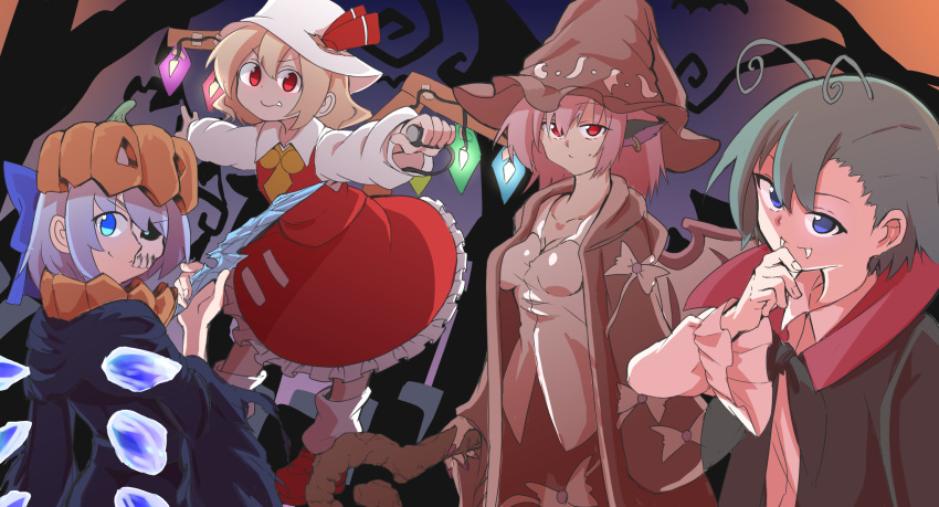 4girls adapted_costume animal_ears antennae ascot bird_ears bird_wings black_cape blonde_hair blue_bow blue_eyes blue_hair bow breasts brown_headwear brown_wings cape cirno closed_mouth collared_shirt cosplay crystal earrings fairy fangs fingernails flandre_scarlet flandre_scarlet_(cosplay) green_hair hair_bow hair_ribbon halloween halloween_costume hat highres ice ice_wings jewelry long_fingernails looking_at_viewer medium_breasts multiple_girls mystia_lorelei nail_polish outstretched_arms pink_hair pink_nails red_eyes red_ribbon red_skirt red_vest ribbon rumia sharp_fingernails shinmon_akika shirt short_hair single_earring skirt smile spread_arms team_9 touhou vest white_headwear white_shirt wings witch_hat wriggle_nightbug yellow_ascot