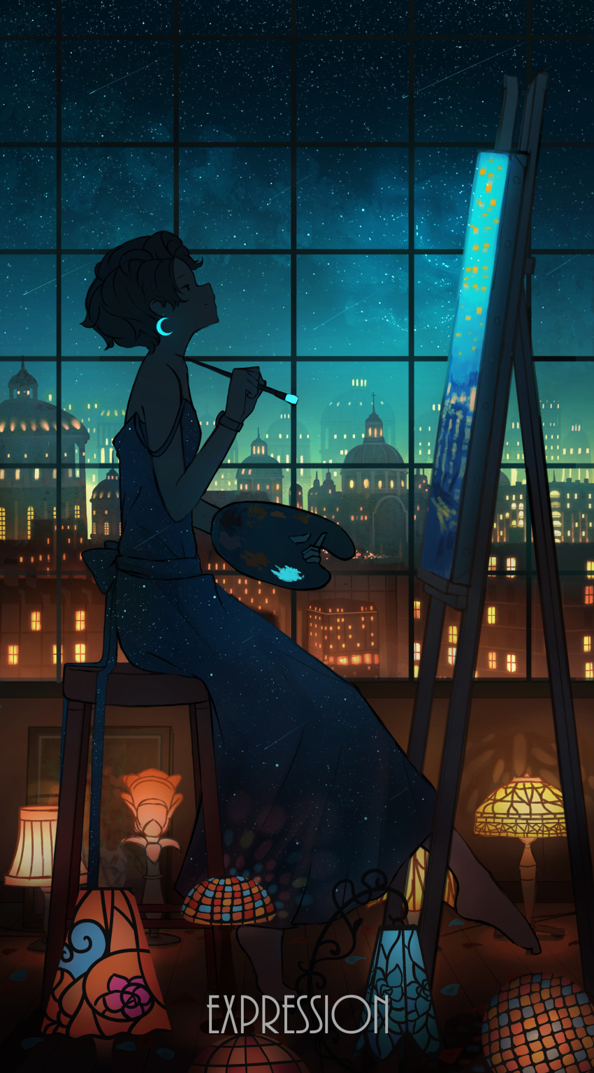 1girl absurdres bare_shoulders barefoot blue_dress brown_hair building city cityscape commentary crescent_moon dress earrings easel english_commentary from_side full_body galaxy glowing glowing_earrings highres holding holding_brush jewelry lamp mixed-language_commentary moon night night_sky original painting_(action) painting_(object) palette_(object) pasoputi profile scenery shooting_star short_hair sitting sky solo star_(sky) starry_sky strap_slip