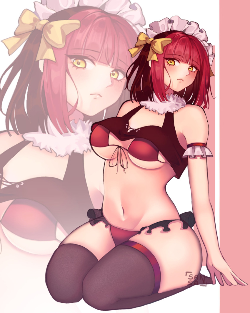 1girl absurdres bikini blush chiisaisan closed_mouth crop_top frilled_bikini frills hair_ribbon highres kneeling maid_headdress original red_bikini red_hair ribbon string_bikini swimsuit thighhighs yellow_eyes