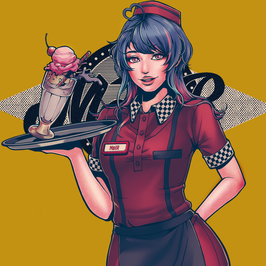 1girl ahoge alive_musix apron arm_behind_back black_apron blue_hair breasts buttons character_name checkered_clothes checkered_shirt cherry collared_shirt commentary_request cowboy_shot employee_uniform food fruit grey_hair hat heart heart_ahoge highres ice_cream id_card lips long_hair looking_at_viewer mair_(alive_musix) medium_breasts milkshake minori_(navymustard) multicolored_hair official_art open_mouth pink_eyes pink_hair red_headwear red_shirt shirt short_sleeves smile solo spill spilling uniform virtual_youtuber wafer_stick waist_apron yellow_background