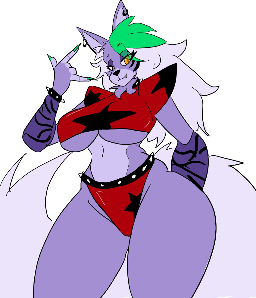 absurd_res anthro armwear belt big_breasts bottomwear bracelet breasts canid canine canis clothing collar colored_nails ear_piercing ear_ring facial_markings female five_nights_at_freddy's five_nights_at_freddy's:_security_breach fur green_highlights green_nails grey_body grey_fur grey_hair hair head_markings hi_res highlights_(coloring) jewelry killer._ez mammal markings nails navel piercing pupils purple_armwear purple_body purple_clothing purple_fur red_bottomwear red_clothing red_topwear ring_piercing roxanne_wolf_(fnaf) scottgames sharp_nails shoulder_pads simple_background slit_pupils snaggle_tooth solo spiked_belt spiked_bracelet spiked_collar spikes steel_wool_studios thick_thighs topwear under_boob white_background wide_hips wolf yellow_eyes