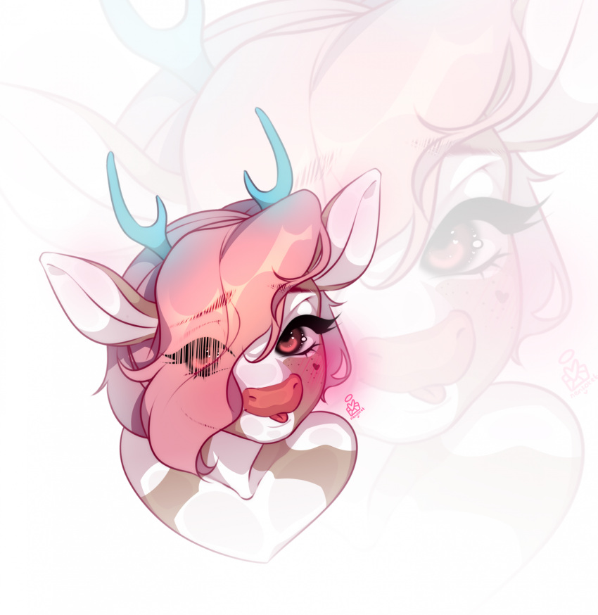 absurd_res anthro antlers blep brown_body brown_fur calyx_forrester deer eyelashes fur girly hair hair_over_eye headshot_portrait hi_res horn looking_at_viewer male mammal markings nenkoket one_eye_obstructed pink_eyes pink_hair portrait simple_background solo tongue tongue_out white_background white_markings