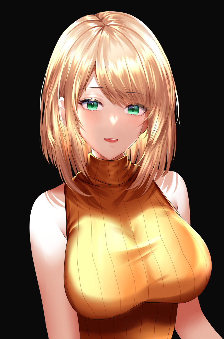 1girl absurdres ashley_graham black_background blonde_hair breasts commentary green_eyes highres large_breasts medium_hair open_mouth orange_sweater r3d resident_evil resident_evil_4 resident_evil_4_(remake) ribbed_sweater simple_background sleeveless sleeveless_sweater smile solo sweater teeth turtleneck turtleneck_sweater upper_body upper_teeth_only