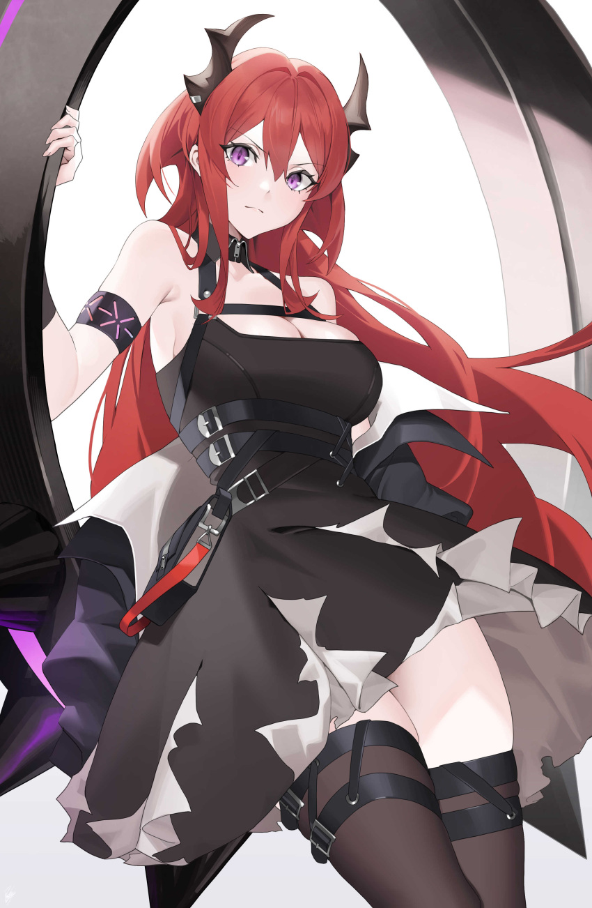 1girl absurdres arknights armband black_dress black_thighhighs breasts cleavage commentary demon_girl dot_nose dress frown highres infection_monitor_(arknights) large_breasts long_hair looking_at_viewer purple_eyes raitho red_hair simple_background solo surtr_(arknights) thighhighs torn_clothes very_long_hair white_background