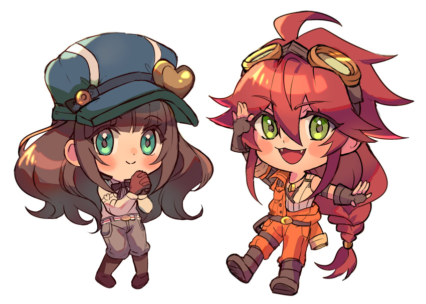 1boy 1girl ahoge blue_eyes blush braid brown_footwear brown_gloves cardia_beckford chibi code:realize fangs fingerless_gloves gloves goggles goggles_on_head green_eyes hand_up hat highres impey_barbicane jewelry kash-phia long_hair necklace orange_overalls overalls own_hands_together pants red_hair simple_background smile very_long_hair white_background