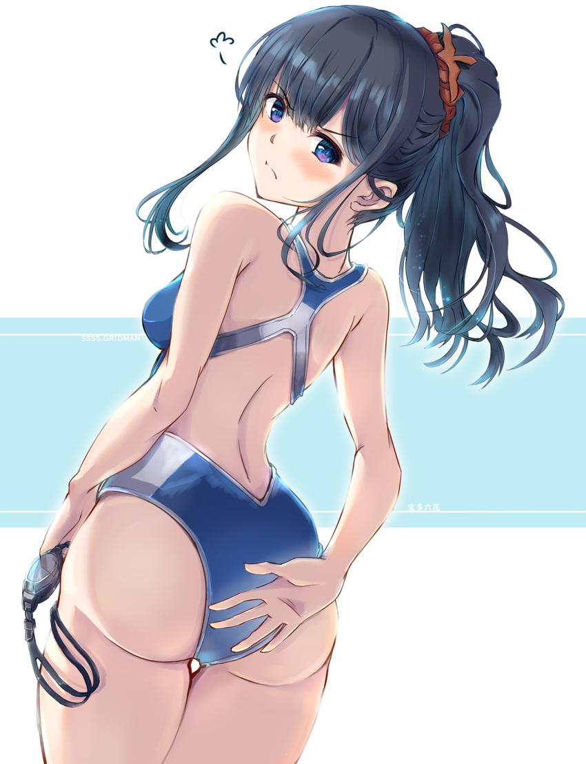 1girl ass back bare_shoulders black_hair blue_eyes blue_one-piece_swimsuit blush breasts commentary_request competition_swimsuit copyright_name english_text goggles goggles_removed gridman_universe gridman_universe_(film) highleg highleg_swimsuit highres large_breasts long_hair looking_at_viewer looking_back nt50 one-piece_swimsuit ponytail simple_background solo ssss.gridman swimsuit takarada_rikka thigh_gap thighs v-shaped_eyebrows