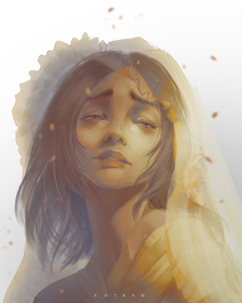 1girl absurdres artist_name astraw brown_hair dark_souls_(series) dark_souls_i dress frilled_headwear frills half-closed_eyes highres lips looking_to_the_side medium_hair portrait princess queen_of_sunlight_gwynevere solo veil white_background white_dress white_headwear