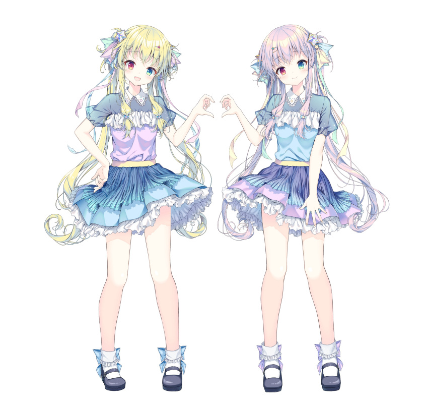 2girls :d absurdres black_footwear blonde_hair blue_eyes blue_shirt blue_skirt bobby_socks closed_mouth collared_shirt commentary_request full_body grey_hair hair_ornament hairclip hand_on_own_hip heart heart_hands heart_hands_duo heterochromia highres long_hair mizuki_yuuma multiple_girls original pleated_skirt red_eyes shirt shoes short_sleeves simple_background skirt smile socks standing twintails very_long_hair white_background white_socks