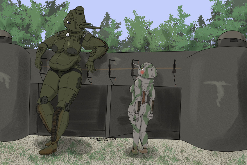 2023 absurd_res anthro belly big_belly big_breasts blue_eyes blush breasts brown_eyes bunker char_2c chubby_female colored deep_navel duo female female/female france green_body grey_body hi_res living_machine living_tank living_vehicle machine navel nipples panzerschreckleopard plant size_difference somua somua_s-35 tank tree vehicle world_war_1 world_war_2
