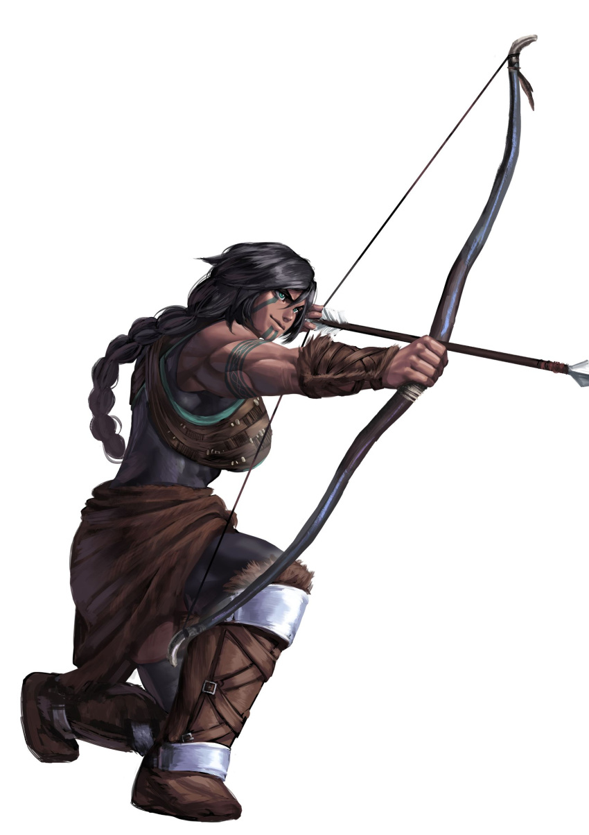 1509virgoart 1girl absurdres aiming arm_tattoo arrow_(projectile) bow_(weapon) braid braided_ponytail breasts brown_hair commentary commission facial_tattoo full_body hair_between_eyes highres large_breasts muscular muscular_female original sierra_(glazsin) simple_background solo tattoo weapon white_background