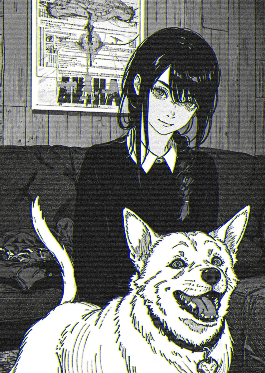 black_hair black_shirt braid chainsaw_man couch dog fujimoto_tatsuki_(style) highres husky monochrome nayuta_(chainsaw_man) pupils reincarnation ringed_eyes shirt sinister sketch xenotrip