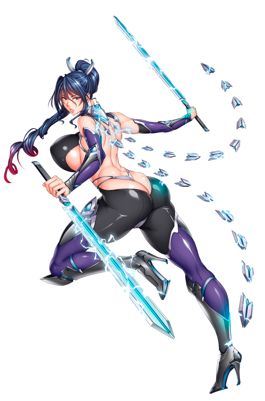 1girl absurdres action_taimanin ass bare_shoulders blue_hair bodysuit boots breasts cameltoe curvy electricity fei_(maidoll) full_body high_heels high_ponytail highleg highleg_leotard highres holding holding_sword holding_weapon huge_ass huge_breasts large_breasts leotard lilith-soft lips long_hair looking_at_viewer looking_to_the_side non-web_source official_art ponytail shiny_clothes sword taimanin_(series) taimanin_rpgx uehara_rin very_long_hair weapon white_background