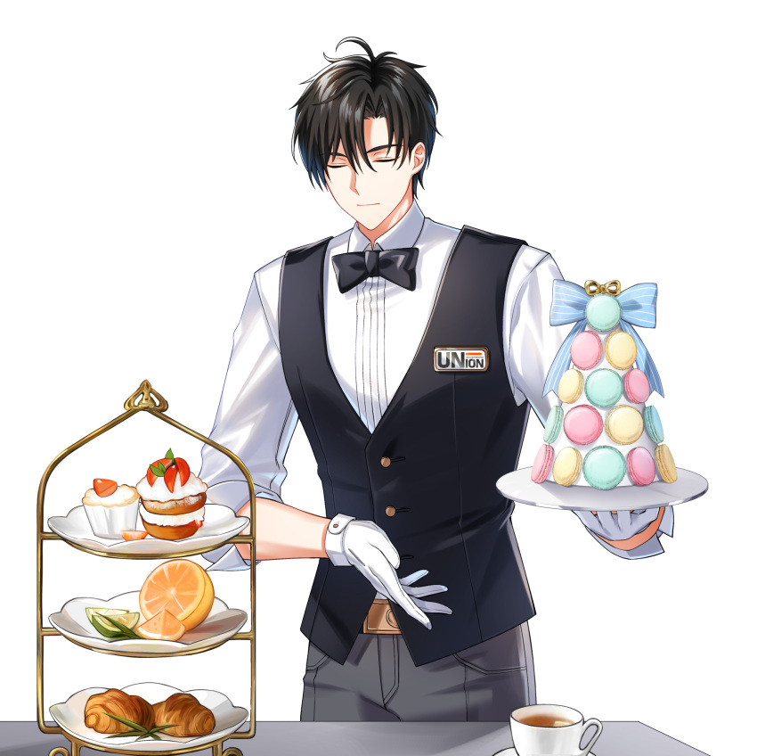 1boy badge belt black_belt black_bow black_bowtie black_hair black_vest blue_bow bow bowtie cake chulsoo_kim_(closers) closed_eyes closers collared_shirt cowboy_shot croissant cup facing_viewer food fruit gloves grey_pants highres holding holding_plate light_smile lime_(fruit) lime_slice macaron male_focus official_art orange_(fruit) orange_slice pants parted_bangs plate saucer shirt short_hair sleeves_past_elbows solo striped striped_bow table tea teacup tiered_tray tomato tomato_slice traditional_bowtie vest waistcoat waiter white_background white_gloves white_shirt