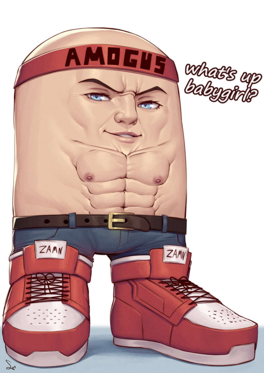 1boy abs absurdres among_us bald belt blue_eyes blue_pants brown_belt crewmate_(among_us) denim english_commentary english_text highres jeans looking_at_viewer male_focus muscular muscular_male nipples original pants red_footwear shoes sneakers solo speedl00ver sweatband what
