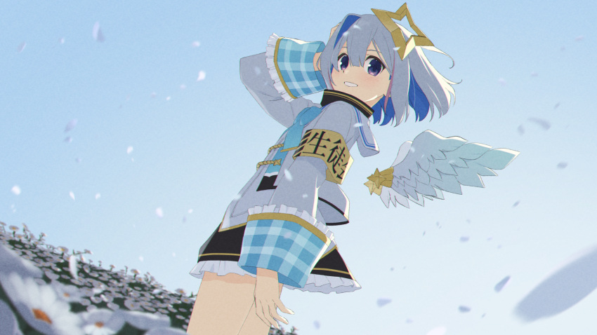 1girl aiguillette amane_kanata angel angel_wings armband asymmetrical_bangs asymmetrical_hair black_skirt blue_bow blue_bowtie blue_hair bow bowtie colored_inner_hair detached_wings feathered_wings field flower flower_field frilled_skirt frills from_side grey_hair gulim halo hand_on_own_head highres hololive long_sleeves looking_at_viewer miniskirt multicolored_hair petals pink_hair plaid purple_eyes sailor_collar shirt short_hair single_hair_intake skirt sky sleeve_cuffs solo star_halo streaked_hair virtual_youtuber white_flower white_sailor_collar white_shirt wide_sleeves wings