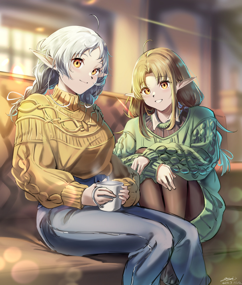 2girls absurdres aged_up ahoge blonde_hair braid breasts collared_shirt couch dress elf green_sweater highres indoors long_hair long_sleeves looking_at_viewer low_twin_braids lucy_greyrat mother_and_daughter multiple_girls mushoku_tensei pants pantyhose pointy_ears red_eyes shirt sitting smile sweater sylphiette_(mushoku_tensei) turtleneck turtleneck_sweater twin_braids white_hair yellow_sweater yujin_(kanouyuuto-0423)