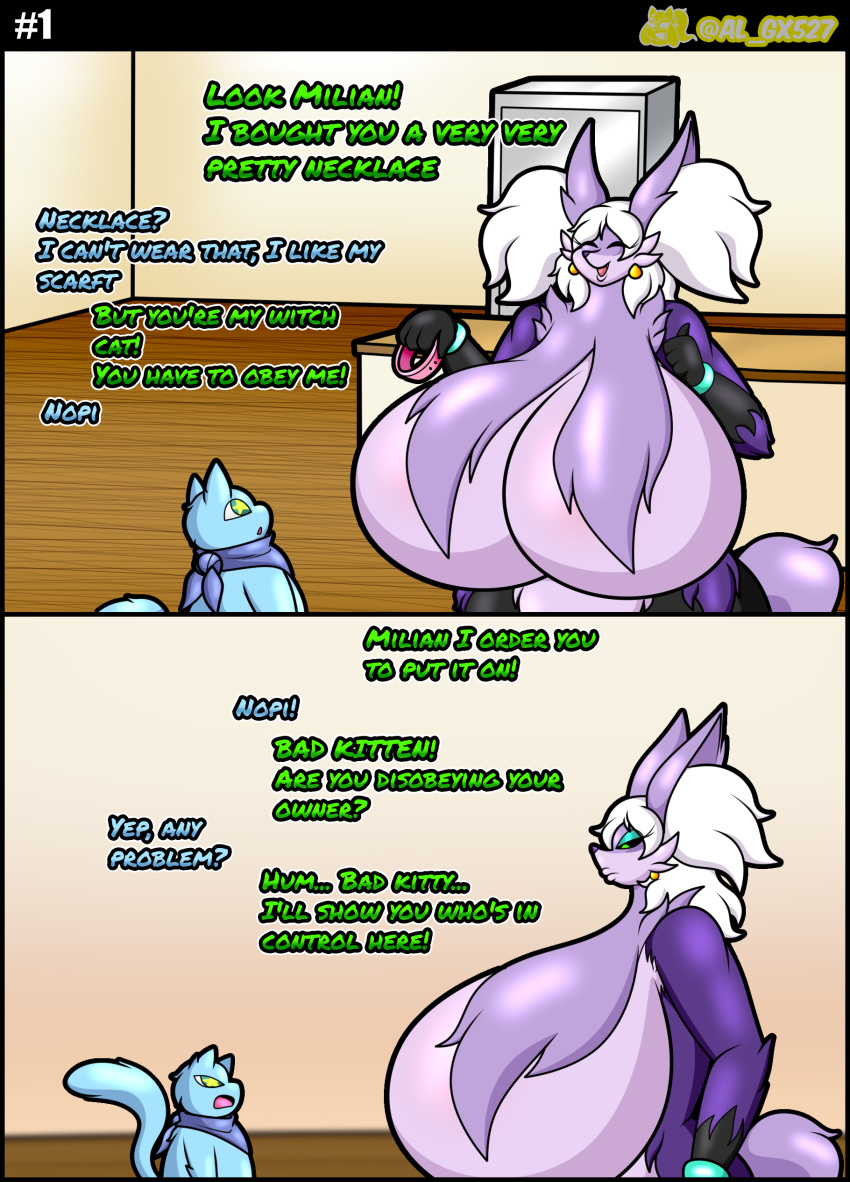 absurd_res al_gx anthro big_breasts black_body black_fur blue_body breasts collar comic delphox dialogue duo english_text eyelashes female feral fur generation_1_pokemon generation_6_pokemon hair hi_res huge_breasts legendary_pokemon male male/female mature_female mew_(pokemon) multicolored_body multicolored_fur narrowed_eyes nintendo opal_(al_gx) pokemon pokemon_(species) purple_body purple_fur shiny_pokemon size_difference story text thick_thighs white_hair