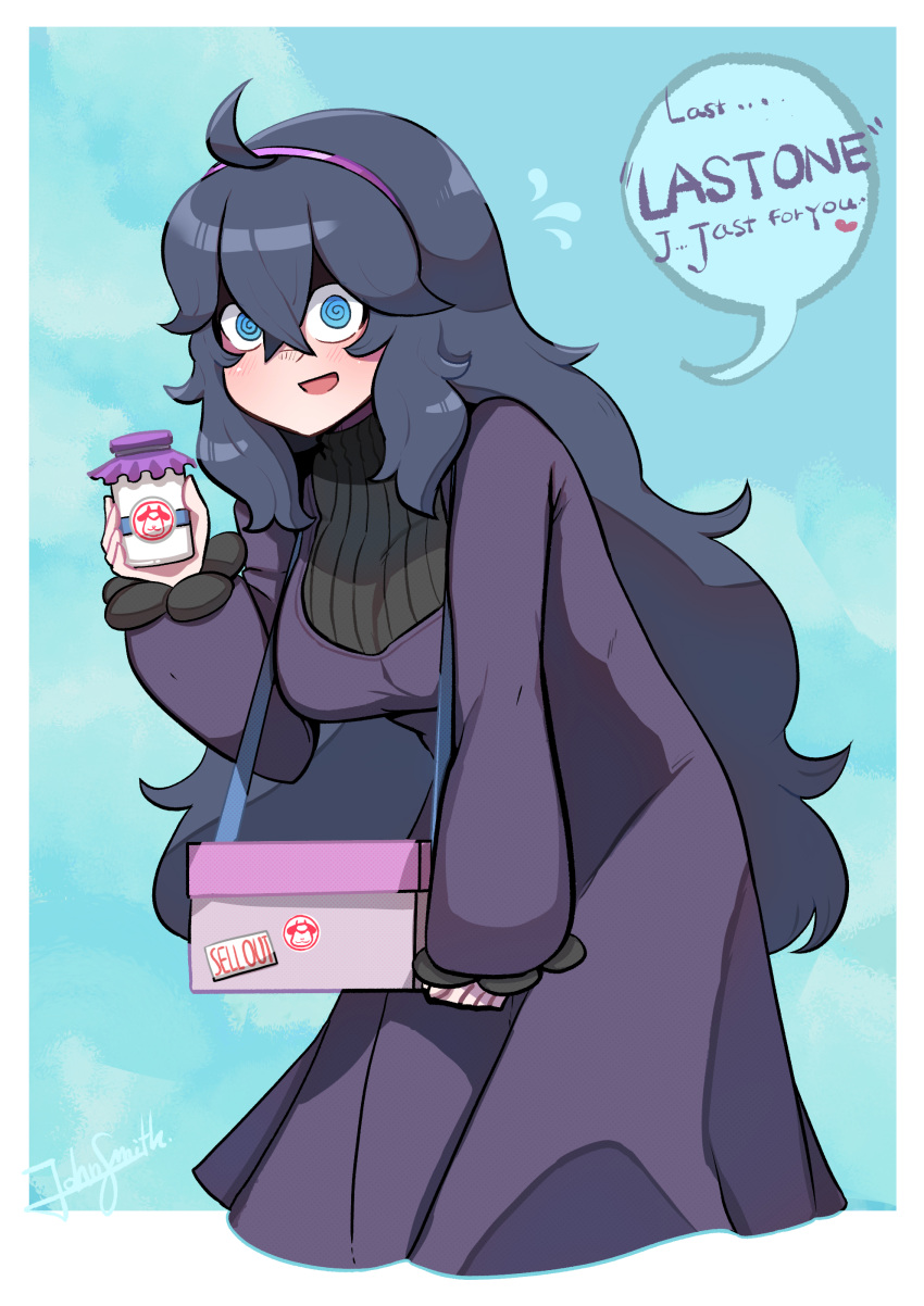 1girl @_@ absurdres ahoge alternate_breast_size bags_under_eyes blush bottle breasts dress english_text hairband hex_maniac_(pokemon) highres holding holding_bottle john_(a2556349) large_breasts long_dress looking_at_viewer messy_hair milk_bottle moomoo_milk pokemon pokemon_(game) pokemon_xy purple_eyes purple_hair purple_hairband smile solo