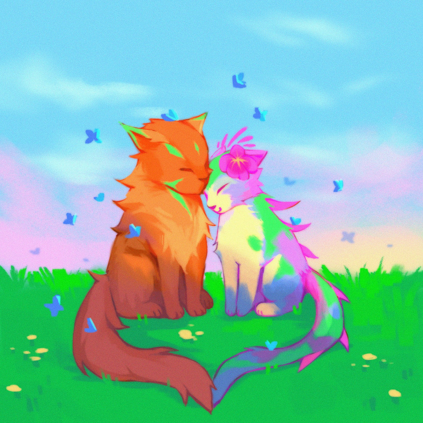 animal animalization bug butterfly cat closed_mouth flower grass hair_flower hair_ornament heart_tail_duo highres knol_(flowrmosh) league_of_legends multicolored_fur neeko_(league_of_legends) nidalee no_humans orange_fur outdoors pink_flower sitting