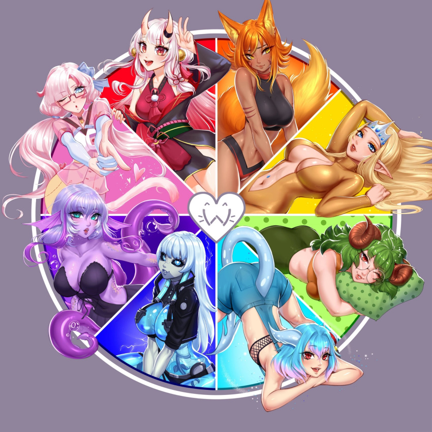 6+girls animal_ears black_sclera blonde_hair blue_eyes blue_hair blunt_bangs breasts character_request color_wheel_challenge colored_sclera commentary copyright_request cropped_jacket dark-skinned_female dark_skin elf english_commentary finger_gun fox_ears fox_girl fox_tail glasses green_hair grey_hair highres hololive horns jack-o'_challenge large_breasts long_hair looking_at_viewer medium_breasts monster_girl multiple_drawing_challenge multiple_girls nakiri_ayame nakiri_ayame_(1st_costume) navel one_eye_closed oni oni_horns open_mouth orange_hair pink_hair pointy_ears shorts smile tail teeth tentacles tongue twintails v virtual_youtuber w33ping_cat white_hair yellow_eyes