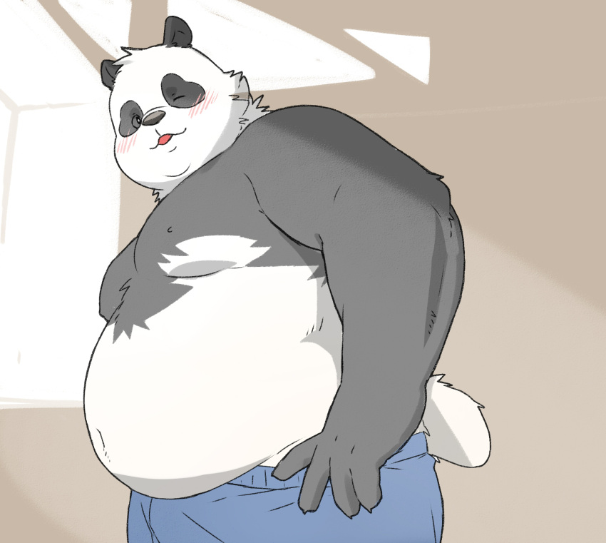 2023 anthro bear belly big_belly black_body black_nose blush giant_panda hi_res humanoid_hands inunoshippo kemono male mammal moobs one_eye_closed overweight overweight_male solo white_body wink