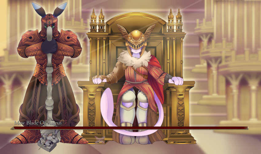 ambiguous_gender anthro armor chair clothing duo elden_ring fan_character fromsoftware furniture generation_1_pokemon hammer hi_res konoeikreations legendary_pokemon male mew_(pokemon) nintendo pikachu pokemon pokemon_(species) throne tools