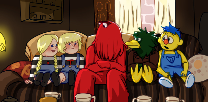 absurd_res ambiguous_gender anthro avian beak bird blonde_hair blue_hair blush braided_pigtails brother_(lore) brother_and_sister_(lore) child clothed clothing container cup detailed_background don't_hug_me_i'm_scared duck_guy_(dhmis) female furniture green_body group hair hi_res human humanoid lily_(dhmis) male mammal nude on_sofa overalls red_body red_guy_(dhmis) sentientpaperbag sibling_(lore) sister_(lore) sitting sitting_on_sofa smile sofa tea_cup todney_(dhmis) twins_(lore) yellow_body yellow_guy_(dhmis) young