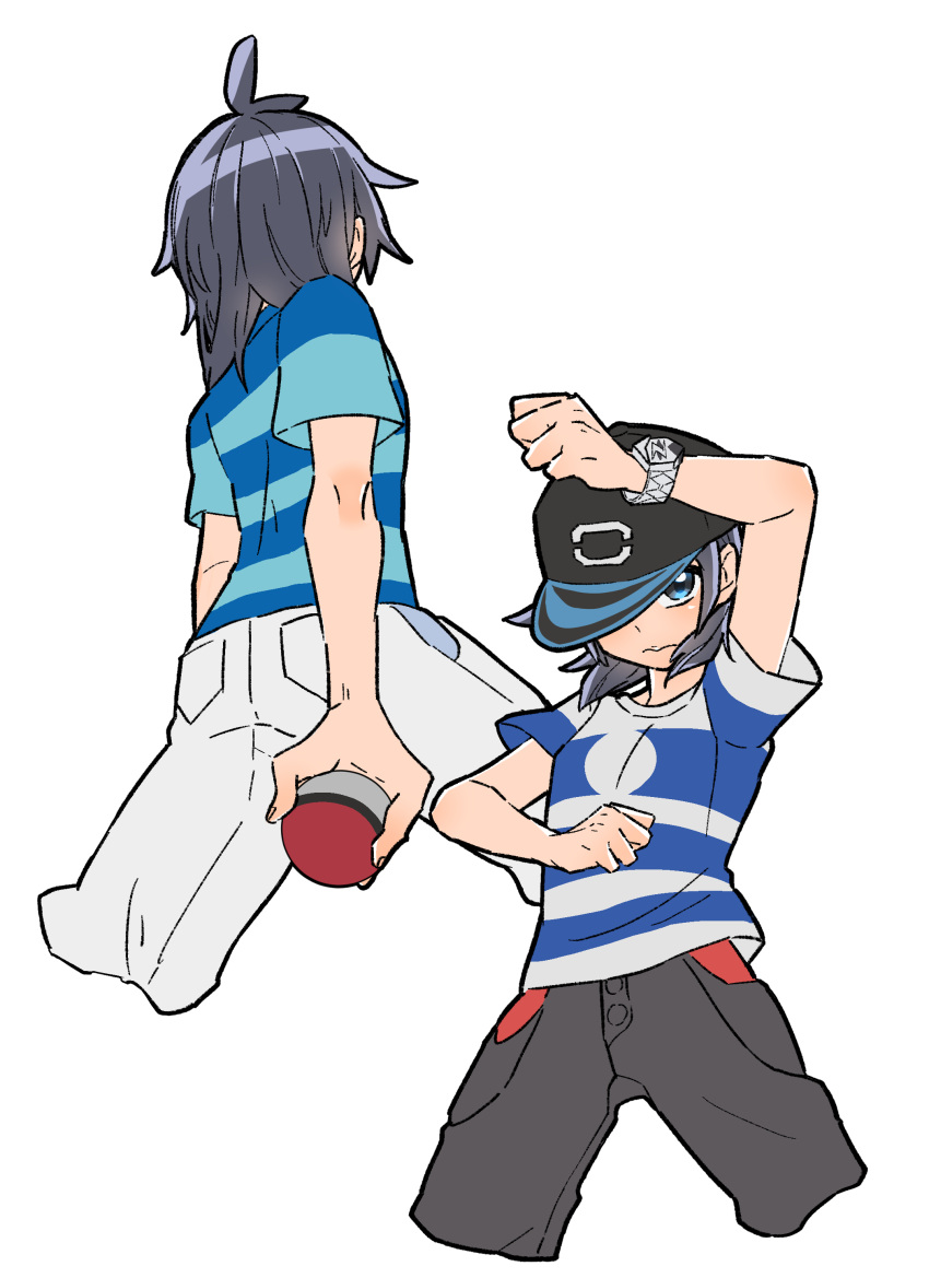 1boy absurdres alternate_color baseball_cap black_hair black_headwear blue_eyes cropped_legs elio_(pokemon) hat highres holding holding_poke_ball male_focus multiple_views po_posan poke_ball poke_ball_(basic) pokemon pokemon_(game) pokemon_masters_ex pokemon_sm shirt simple_background white_background z-ring