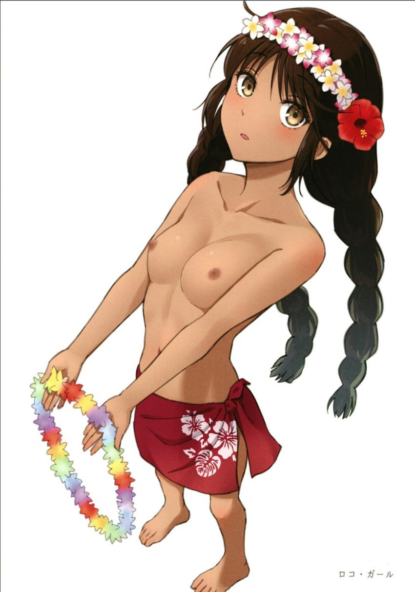 1girl absurdres barefoot black_hair blush braid breasts dark_nipples dark_skin flower flower_necklace hair_flower hair_ornament hawaii head_wreath highres holding holding_jewelry holding_necklace jewelry kanden_sky necklace nipples open_mouth original red_flower red_skirt simple_background skirt small_breasts small_nipples topless translated twin_braids white_background yellow_eyes