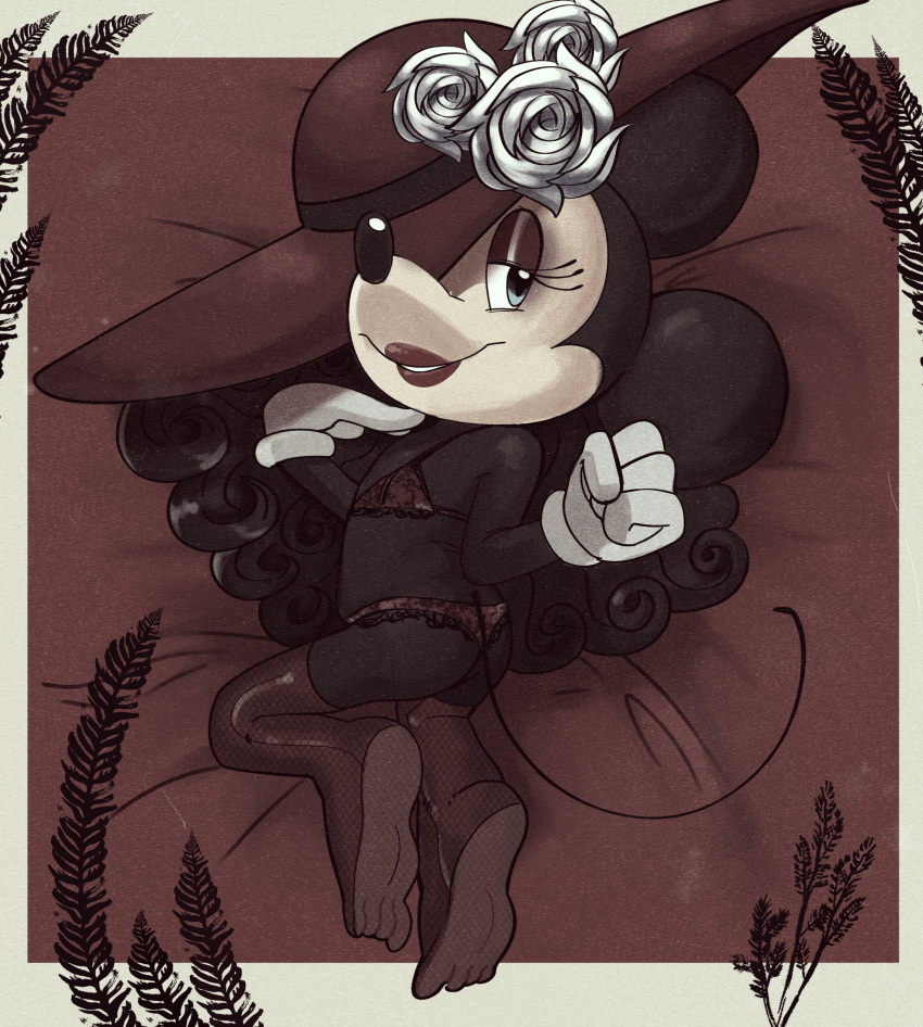 absurd_res anthro black_body blue_eyes brown_body clothed clothing disney feet female flat_chested hat headgear headwear hi_res looking_at_viewer mammal minnie_mouse mouse murid murine rodent sin-buttons_(artist) solo