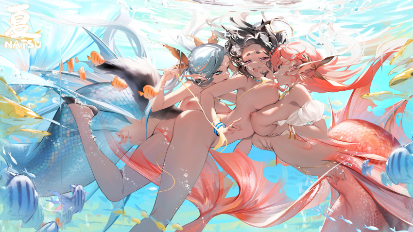 3girls air_bubble aqua_hair ass bikini bikini_pull bikini_top_lift black_hair blue_eyes blush bracelet breast_press breasts bubble clothes_lift clothes_pull completely_nude fins fish gold_bikini half-closed_eyes head_fins highres jewelry kyuri_tizu large_breasts licking_arm long_hair mermaid monster_girl multiple_girls navel nipples nude open_mouth original pink_eyes pink_hair pointy_ears ponytail scales short_hair side-tie_bikini_bottom smile swimsuit symmetrical_docking underwater untied untied_bikini untying very_long_hair yuri