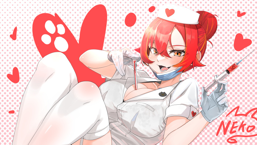 1girl between_breasts black_bra bra bra_peek breasts cleavage crossed_bangs dress fang garter_straps gloves hair_bun hat heart highres holding holding_syringe knees_up large_breasts looking_at_viewer nekota_tsuna nurse nurse_cap open_mouth orange_eyes orange_hair red_hair shippi short_sleeves skin_fang smile solo syringe thermometer thighhighs underwear virtual_youtuber vspo! white_dress white_gloves white_thighhighs