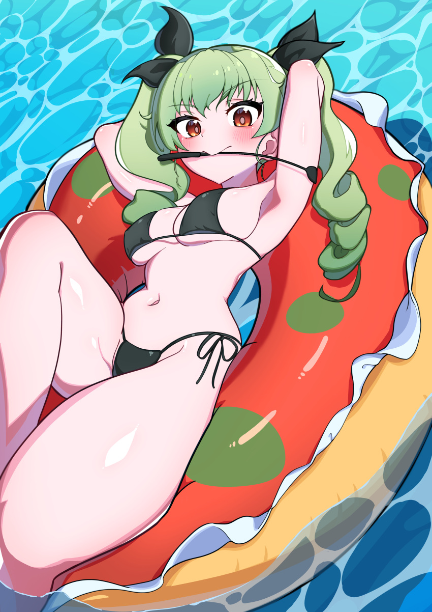 1girl absurdres afloat anchovy_(girls_und_panzer) arms_behind_head arms_up bikini black_bikini black_ribbon breasts closed_mouth commentary drill_hair girls_und_panzer green_hair hair_ribbon highres innertube knee_up long_hair looking_at_viewer lying medium_breasts mouth_hold navel on_back on_innertube red_eyes ribbon riding_crop side-tie_bikini_bottom solo swimsuit tenpura32200 twin_drills twintails water