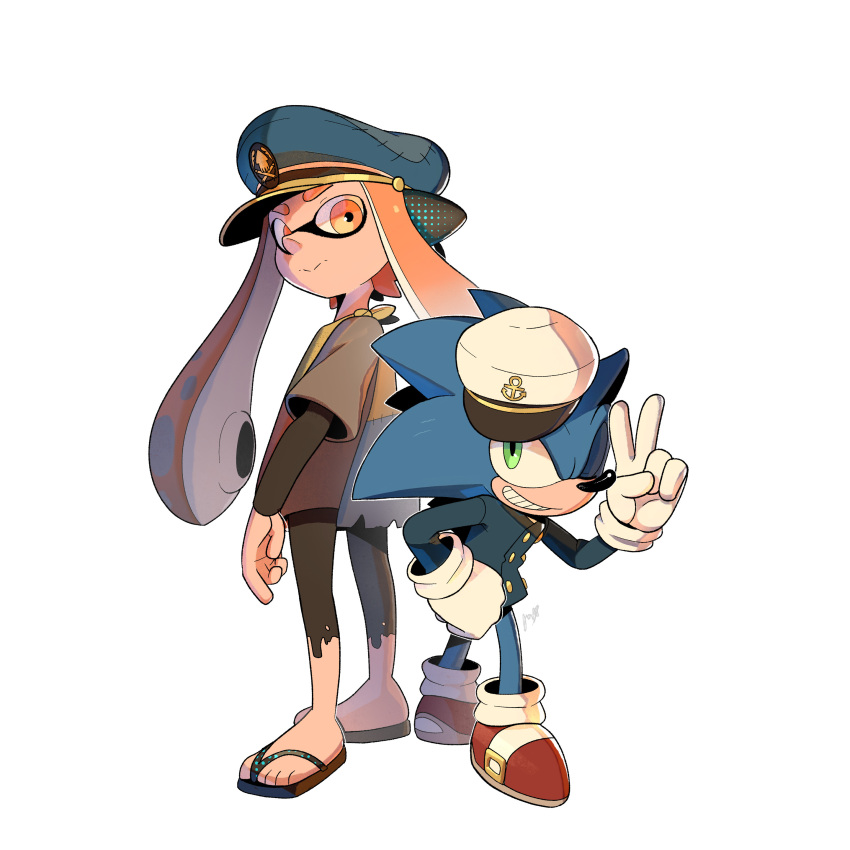 1boy 1girl absurdres buttons crossover gloves gravity_rose green_eyes grin hat highres inkling inkling_girl long_sleeves peaked_cap sandals shoes simple_background smile sonic_(series) sonic_the_hedgehog splatoon_(series) tentacle_hair the_murder_of_sonic_the_hedgehog thick_eyebrows white_background white_gloves