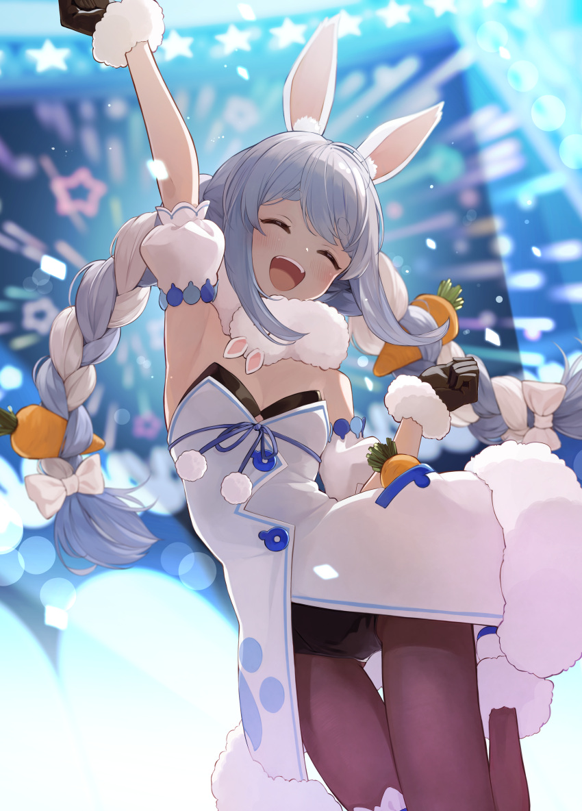 1girl :d absurdres animal_ears arm_up armpits black_gloves black_leotard black_pantyhose blue_hair blurry blurry_background blush bow braid bridal_garter cameltoe carrot carrot_hair_ornament closed_eyes coat commentary_request detached_sleeves food-themed_hair_ornament fur-trimmed_coat fur-trimmed_gloves fur_scarf fur_trim gloves hair_bow hair_ornament highres hololive jumping lens_flare leotard leotard_under_clothes long_hair multicolored_hair open_mouth pantyhose pinkusan puffy_detached_sleeves puffy_short_sleeves puffy_sleeves rabbit_ears rabbit_girl scarf short_sleeves sidelocks smile solo stage star_(symbol) strapless strapless_coat strapless_leotard swept_bangs thick_eyebrows thigh_gap thighs twin_braids twintails two-tone_hair usada_pekora virtual_youtuber white_coat white_hair white_scarf white_sleeves