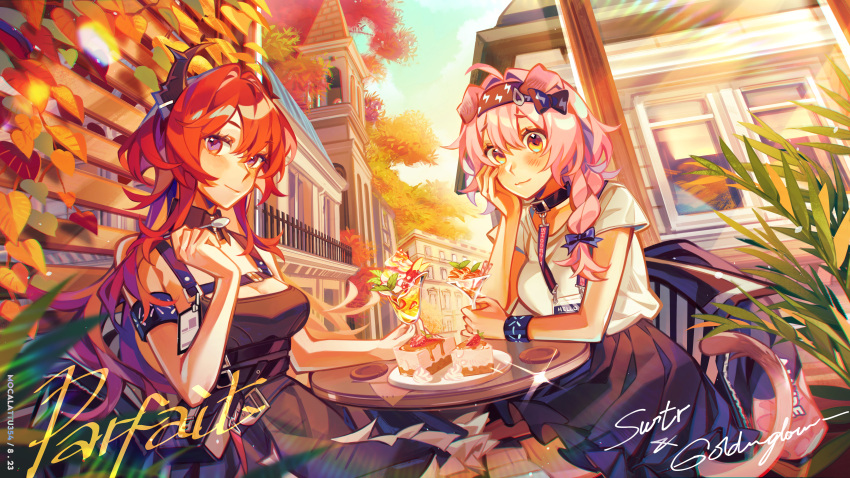 2girls absurdres animal_ears arknights black_dress cake cake_slice cat_ears dress food goldenglow_(arknights) highres horns house leaf mokkun354 multiple_girls parfait pink_hair red_hair surtr_(arknights) tree yellow_eyes