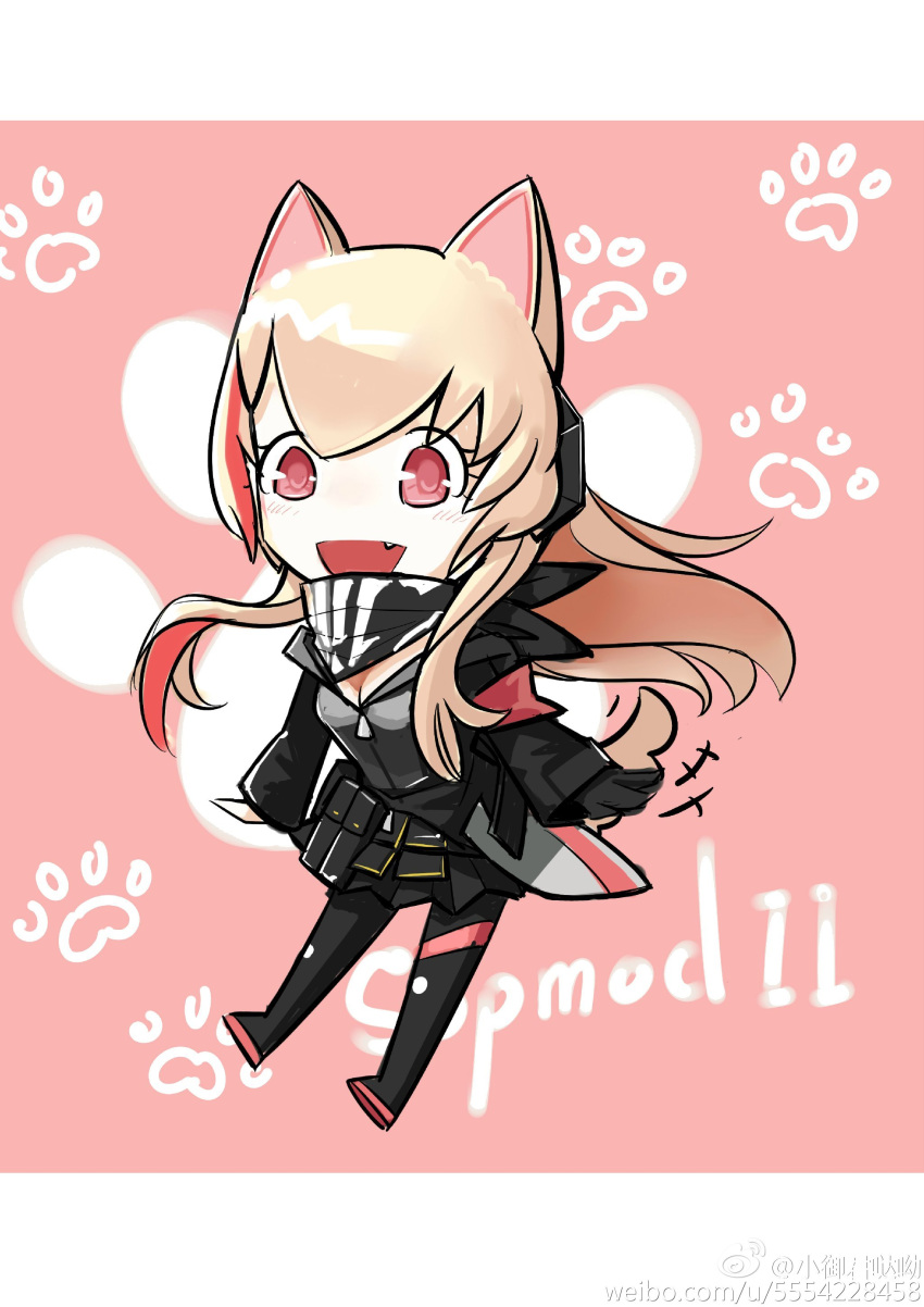 +++ 1girl :d absurdres animal_ears armband bandana bandana_around_neck black_bandana black_footwear black_jacket black_skirt blonde_hair blush boots breasts character_name chibi cleavage dog_ears dog_tail fang full_body girls'_frontline hair_between_eyes headgear highres jacket kemonomimi_mode long_hair long_sleeves looking_at_viewer m4_sopmod_ii_(girls'_frontline) mask multicolored_hair open_mouth paw_print paw_print_background pleated_skirt pouch red_armband red_eyes red_hair skirt skull_mask smile solo streaked_hair tail thigh_boots third-party_source weibo_id weibo_logo white-smile