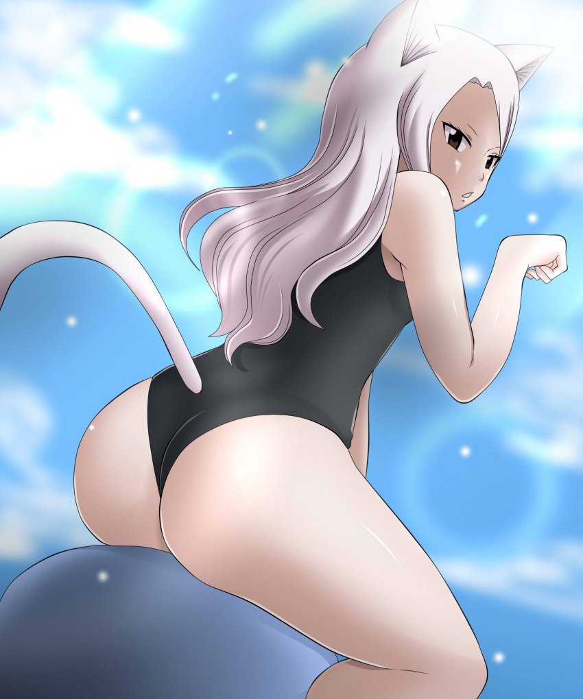 animal_humanoid big_butt brown_eyes butt cat_humanoid charle_(fairy_tail) clothing cloud dmayaichi domestic_cat fairy_tail felid felid_humanoid feline feline_humanoid felis female hair hi_res huge_butt humanoid inflatable_toy long_hair long_tail mammal mammal_humanoid nya_pose rear_view simple_background sky solo swimming_pool swimwear tail water white_hair