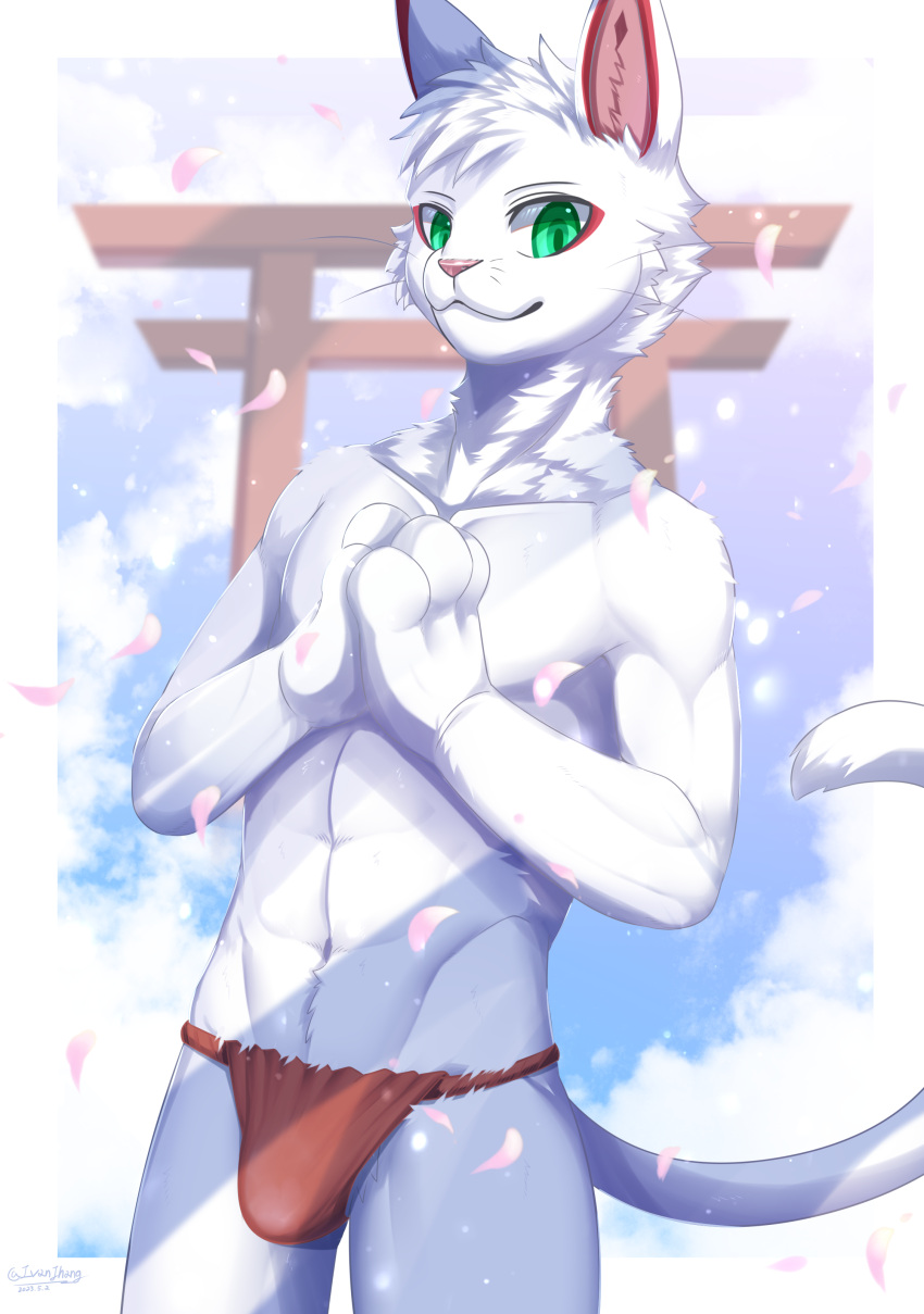 2023 absurd_res anthro bulge clothed clothing featureless_crotch felid feline fur green_eyes hi_res ivan-jhang japanese_architecture looking_at_viewer male mammal red_clothing red_underwear smile solo topless topless_anthro underwear white_body white_fur