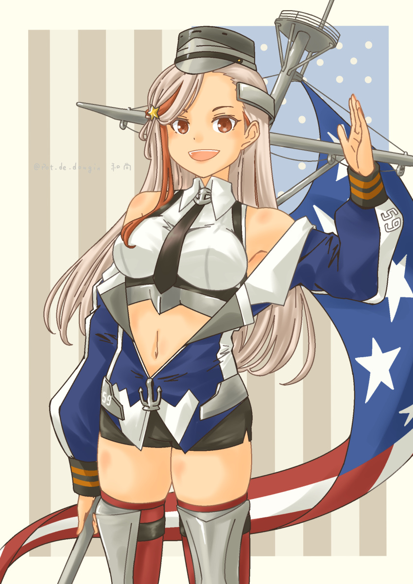 1girl absurdres american_flag black_necktie black_skirt blonde_hair blue_jacket breasts commentary_request flag_background headgear highres jacket kantai_collection large_breasts long_hair massachusetts_(kancolle) mast multicolored_hair navel necktie pencil_skirt pennant pot-de red_eyes red_hair red_thighhighs shirt skirt sleeveless sleeveless_shirt smile solo streaked_hair thighhighs waving white_shirt