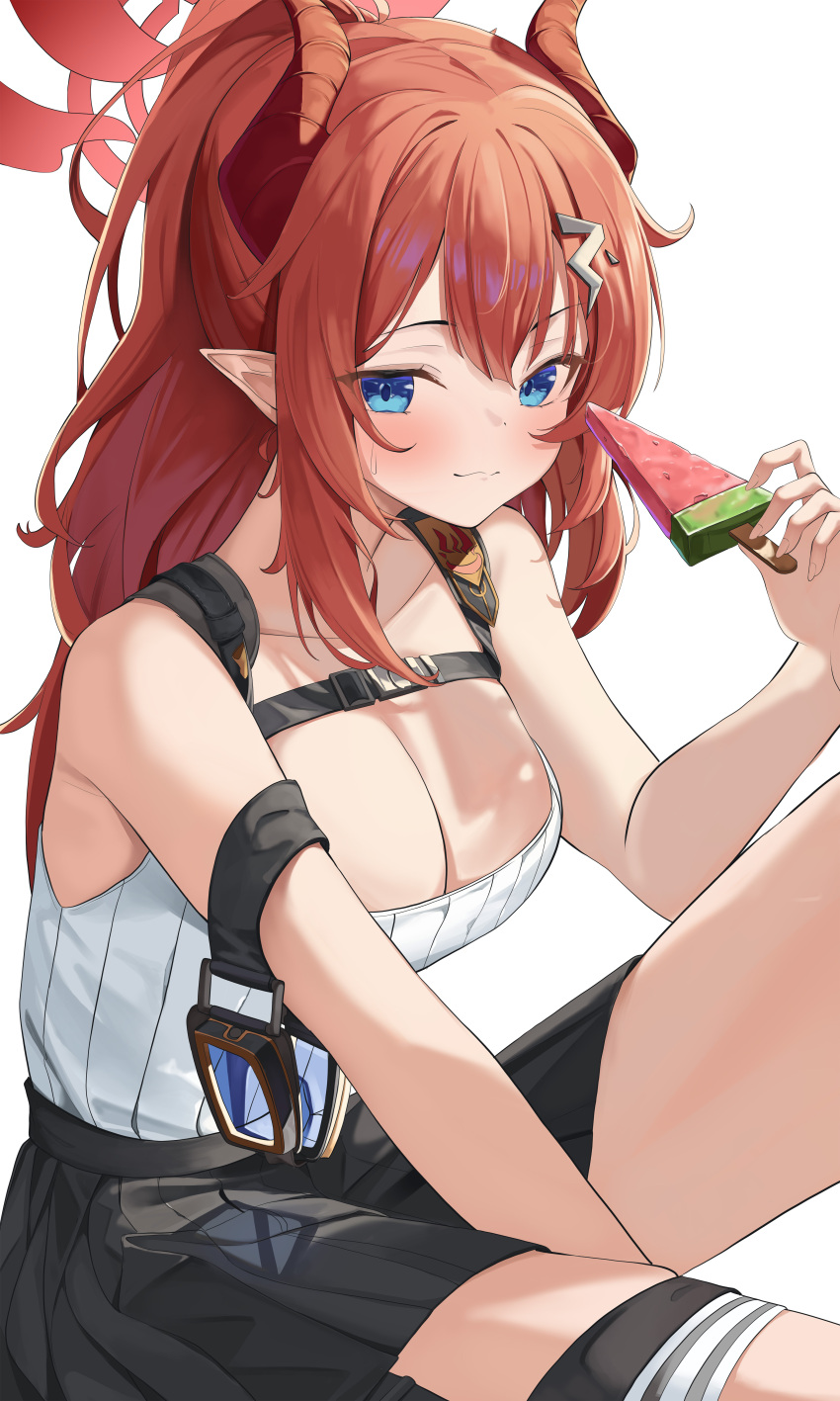 1girl absurdres black_skirt blue_archive blue_eyes blush breasts cleavage closed_mouth collarbone commentary food hair_ornament hairclip halo hayaku_koko highres horns large_breasts long_hair looking_at_viewer megu_(blue_archive) pointy_ears popsicle red_hair red_halo red_horns shirt simple_background skirt sleeveless sleeveless_shirt smile solo thighs watermelon_bar white_background white_shirt