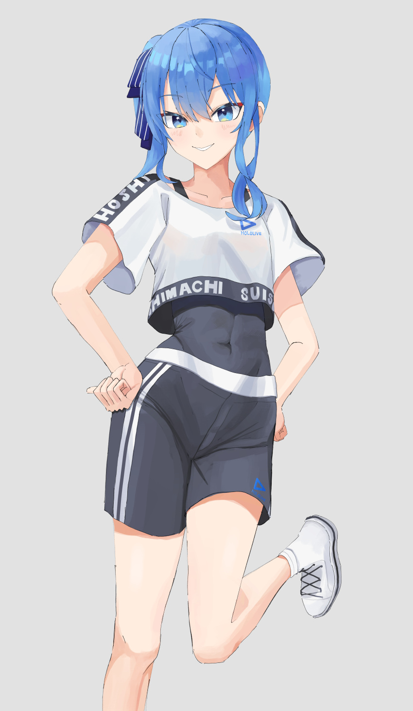 1girl absurdres black_shorts black_tank_top blue_eyes blue_hair crop_top grin hair_ribbon hands_on_own_hips highres hololive hoshimachi_suisei looking_at_viewer official_alternate_costume ribbon shirt shoes shorts side_ponytail simple_background smile sneakers solo spandex standing standing_on_one_leg star_(symbol) star_in_eye symbol_in_eye tank_top virtual_youtuber white_shirt younhand