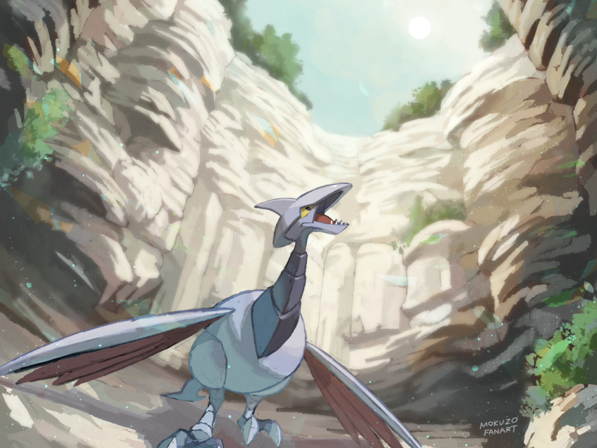 day highres looking_up mokuzou_(moku_ssbu) no_humans open_mouth outdoors pokemon pokemon_(creature) signature skarmory sky solo talons tongue