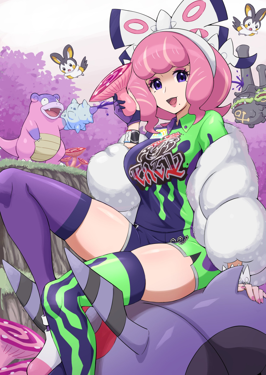 1girl :d absurdres arm_support boots bow_hairband bracelet collared_shirt commentary_request dynamax_band emolga eyelashes eyeshadow fur_jacket galarian_slowbro galarian_weezing gloves hairband highres holding jacket jewelry klara_(pokemon) makeup mole mole_under_mouth nail_polish open_mouth outdoors partially_fingerless_gloves pink_eyeshadow pink_hair pink_nails pokemoa pokemon pokemon_(creature) pokemon_(game) pokemon_swsh purple_eyes shirt shorts single_glove sitting smile thighhighs thighs tongue whirlipede white_hairband white_jacket