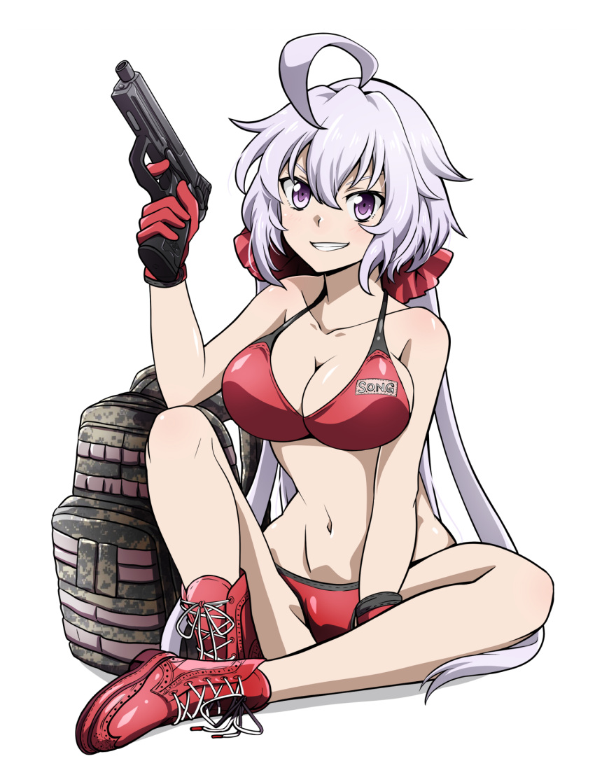 1girl ahoge backpack bag bikini blush breasts cleavage collarbone gloves grin gun hair_ribbon handgun highres large_breasts long_hair navel purple_eyes purple_hair red_bikini red_gloves ribbon senki_zesshou_symphogear simple_background smile solo swimsuit tanashi_(mk2) twintails weapon white_background yukine_chris