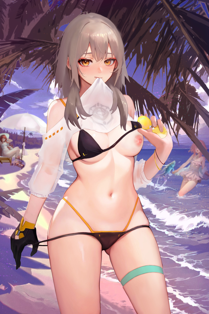 3girls absurdres beach bikini bikini_pull bikini_top_lift black_bikini black_gloves breasts brown_hair c1718259 character_request clothes_lift clothes_pull cloud day fish gloves hand_up highres honkai:_star_rail honkai_(series) layered_bikini lifted_by_self long_hair looking_at_viewer medium_breasts mouth_hold multiple_girls navel nipples outdoors pulled_by_self see-through solo_focus standing stelle_(honkai:_star_rail) swimsuit thigh_strap trailblazer_(honkai:_star_rail) water yellow_eyes